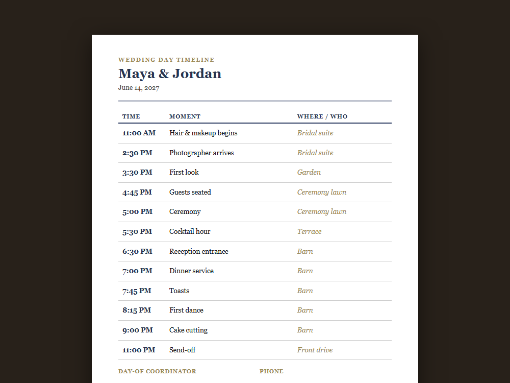The wedding day timeline template document staged on a desk