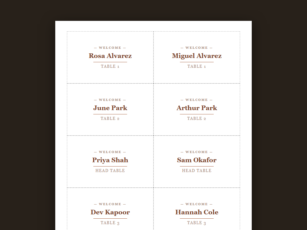 The wedding place cards template staged on a desk