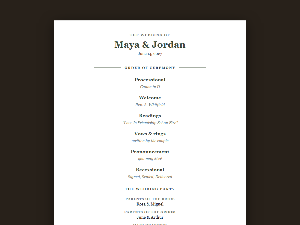 The wedding program template document staged on a desk