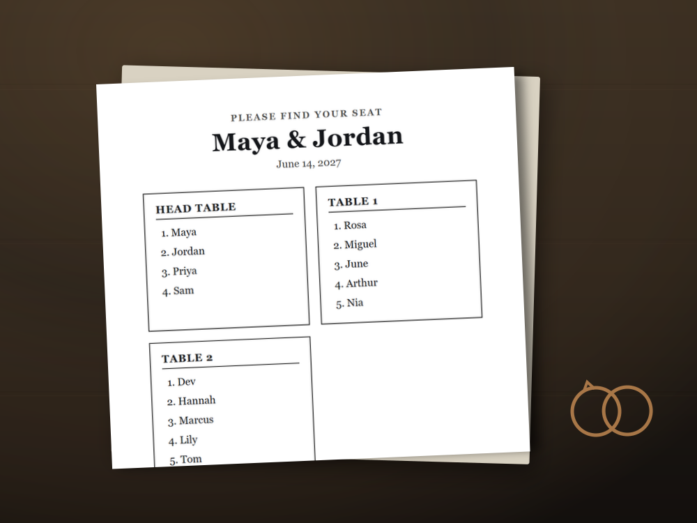 The wedding seating chart template document staged on a desk